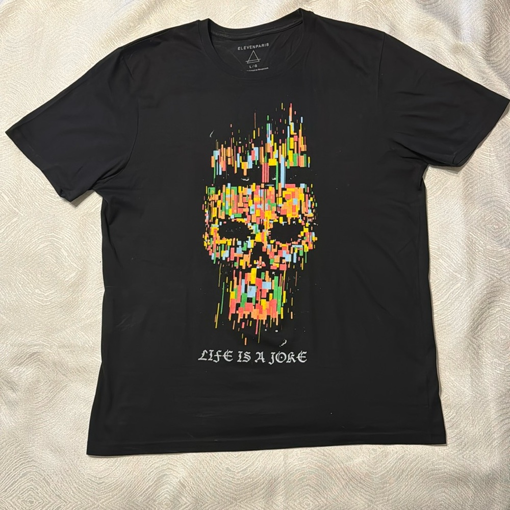 Eleven Paris large, 100% cotton bold skeleton with words “life is a joke”
